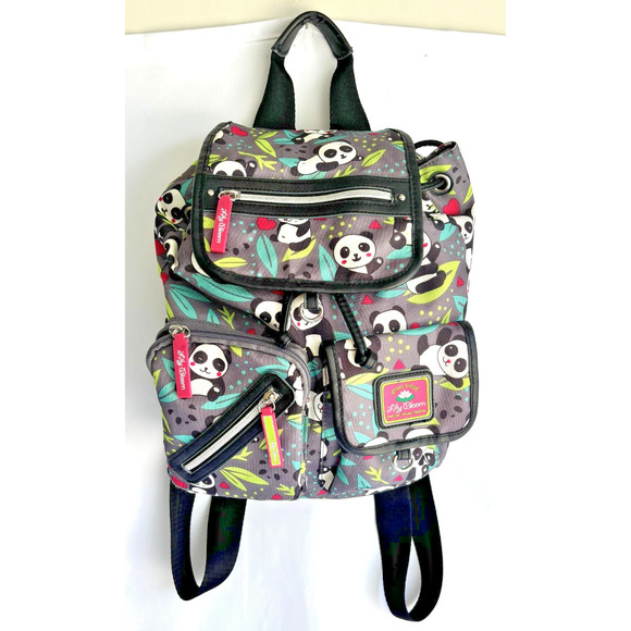 LILY BLOOM Gray/Multi "Panda Pop" Drawstring Mini Flap Front Backpack - Picture 1 of 8